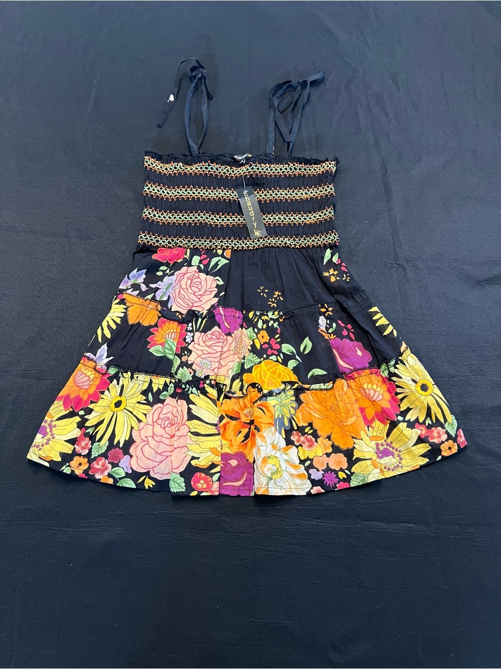 Chaudry Black Floral Smocked Sundress size small New with Tags